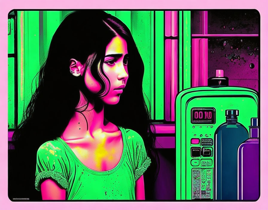 Pensive young woman next to retro fuel pump in vibrant pink and green hues