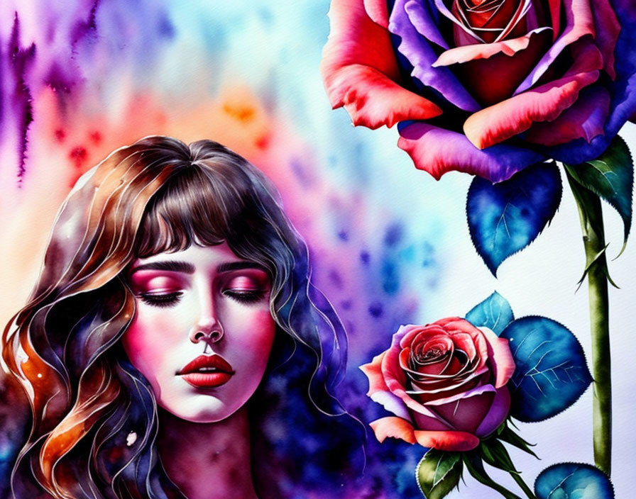 Colorful Illustration: Woman Surrounded by Vibrant Roses on Psychedelic Background