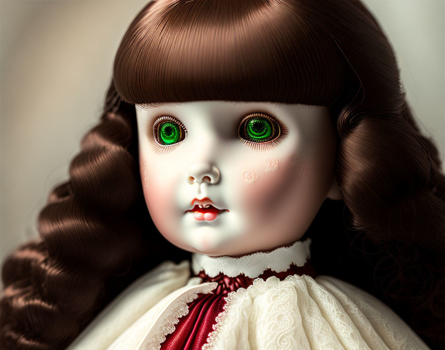 Brown Hair Porcelain Doll in White Dress with Green Eyes