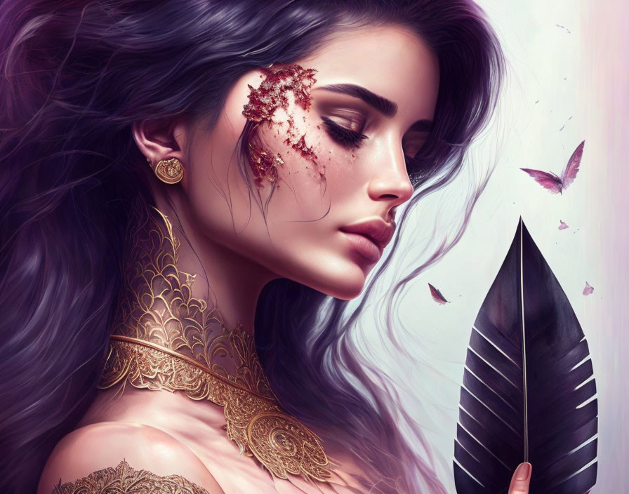 Digital artwork: Woman with dark hair, gold armor, feather, butterflies, and sparkling adornments