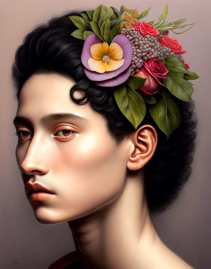 Classical Portrait with Floral Crown and Soft Expression