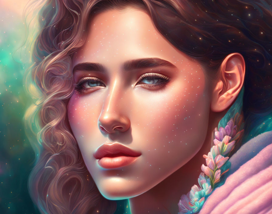 Detailed Woman Portrait with Sparkling Freckles and Pink Braid