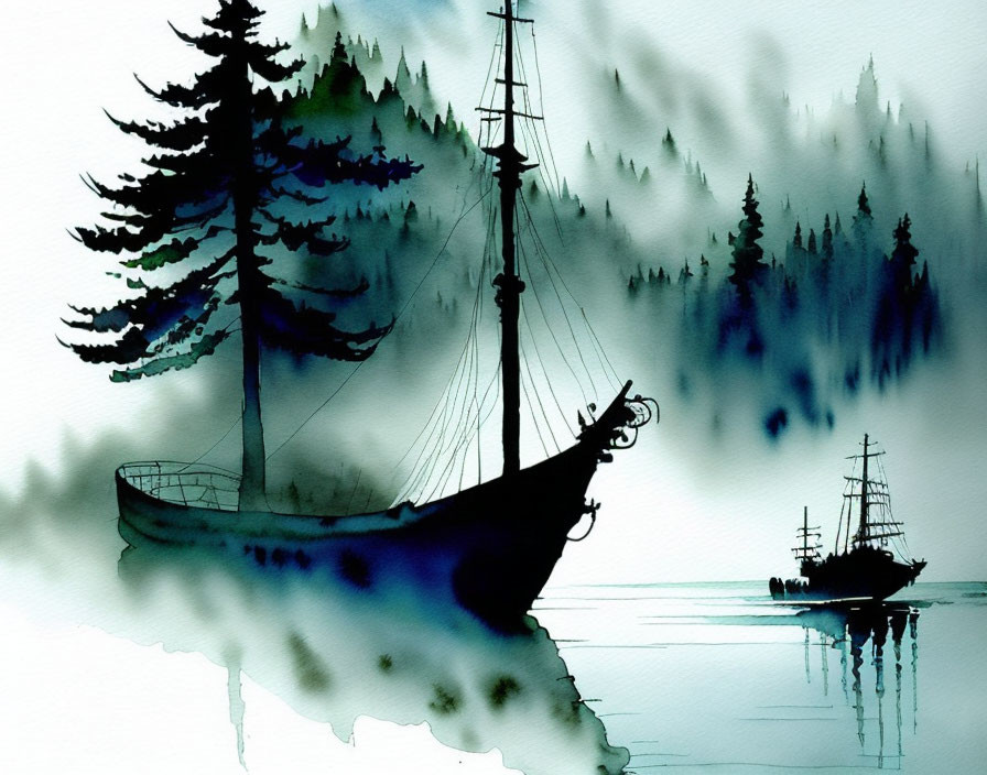 Tranquil watercolor painting: sailboats on calm waters, misty pine hills