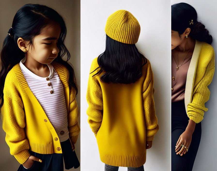 Young girl in mustard yellow cardigan and beanie with collared striped shirt.