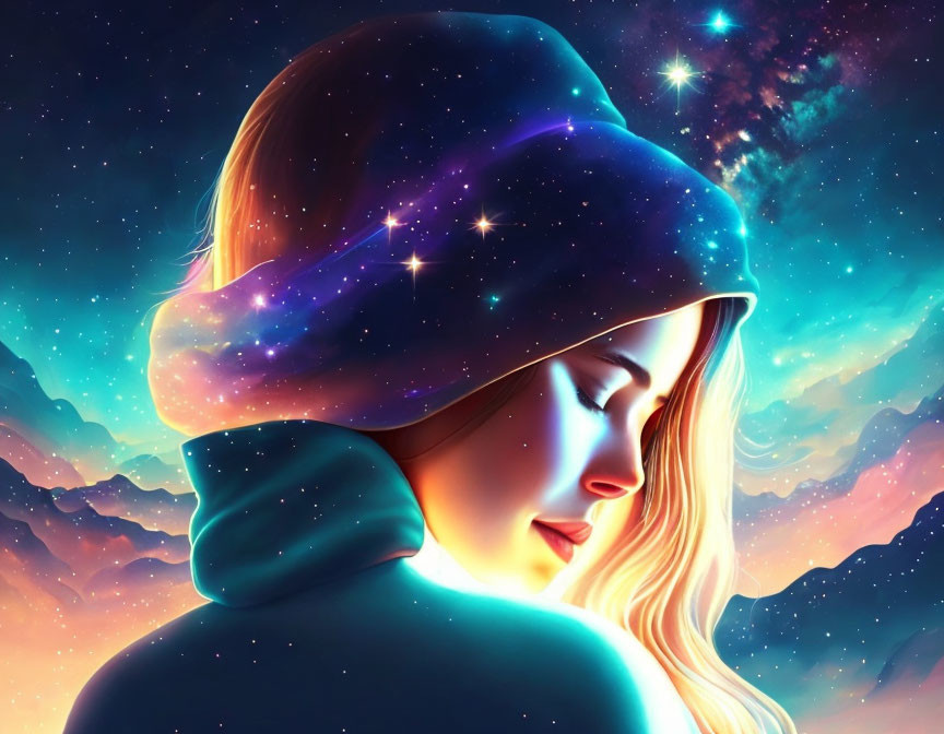 Contemplative person in cosmic hoodie against starry space backdrop