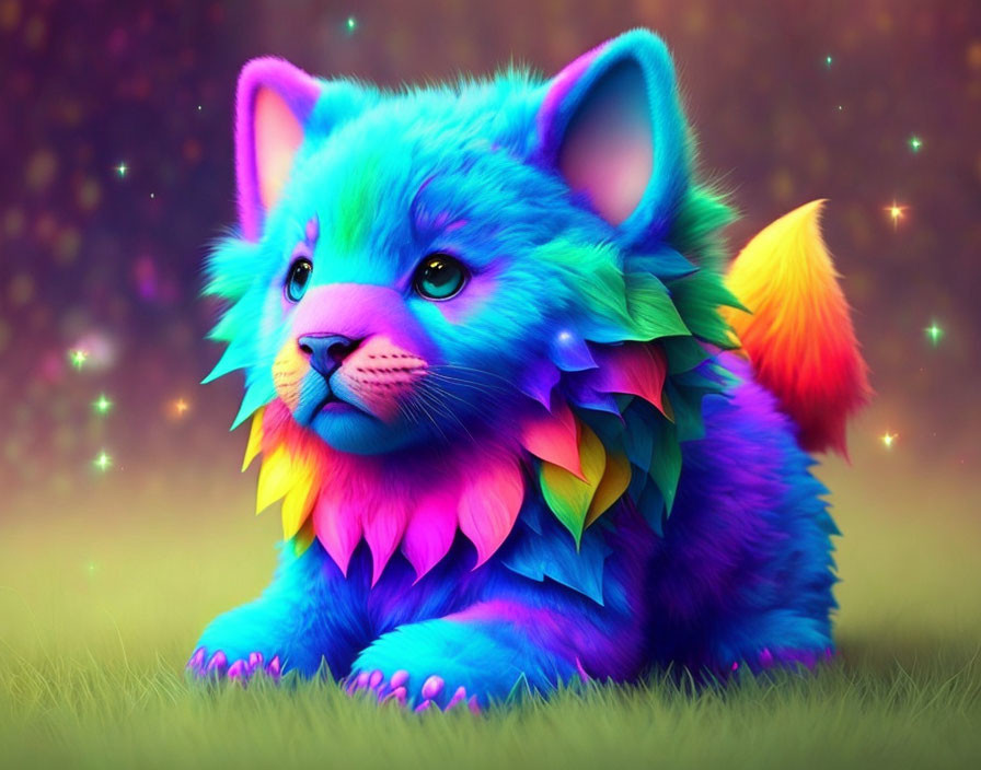 Colorful fantasy creature digital artwork with neon blue fur and rainbow features.