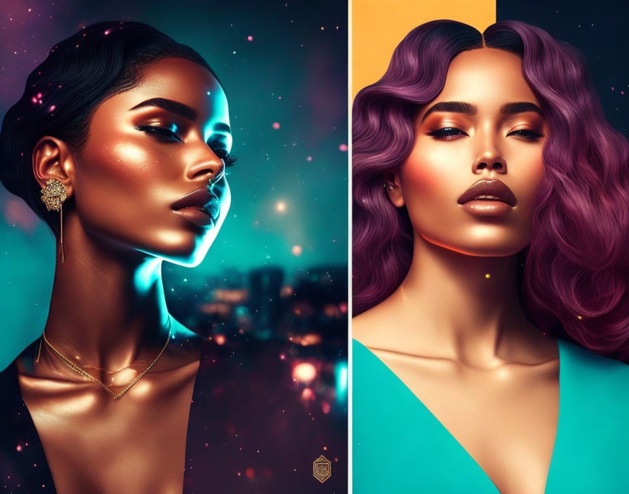 Stylized portraits of a woman with luminescent skin in night cityscape