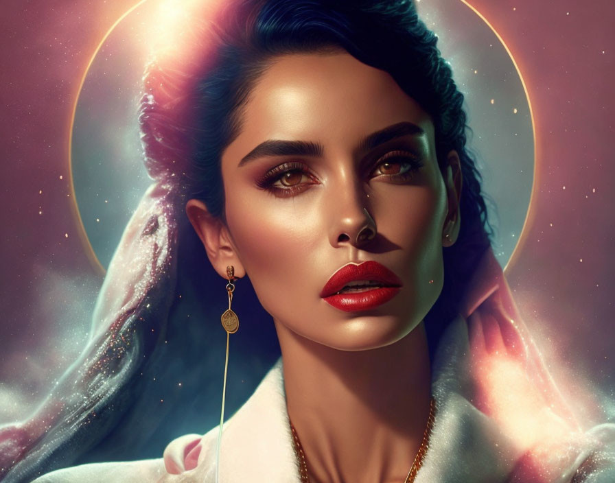 Close-up portrait of woman with glowing halo, dramatic makeup, and celestial elements against cosmic backdrop