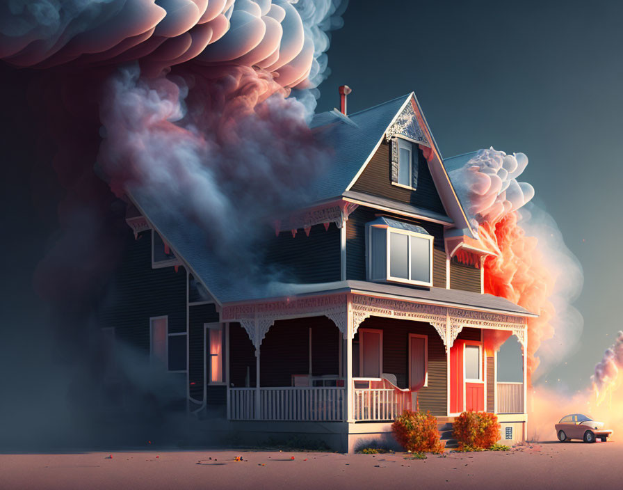 Smoke-filled two-story house with red porch, ominous clouds, and parked car.