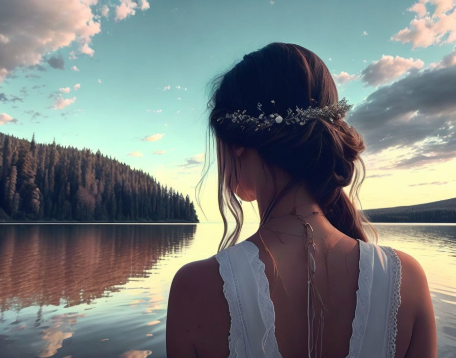 Woman in floral headband gazes at serene lake at sunset with forest view