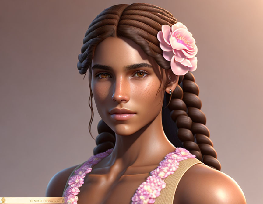 Detailed 3D render: Woman with braided hair and pink flower, soft lighting, skin texture