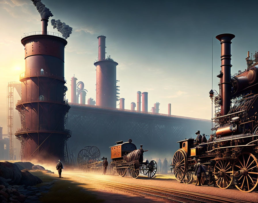 Vintage steam train leaving industrial station with smokestacks, workers, and horse-drawn carriage in h