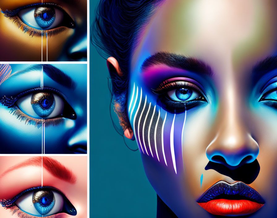 Vibrant multicolored makeup on woman's face with blue eyes.