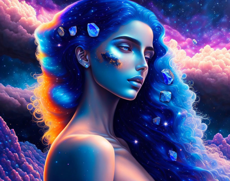 Blue-skinned woman with starry hair in cosmic nebula setting