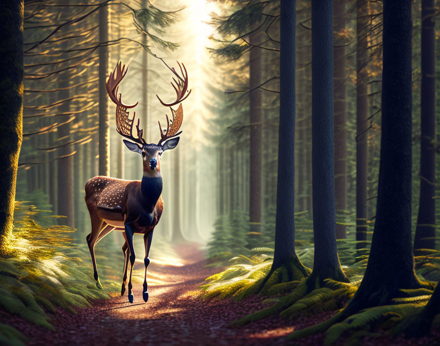 Majestic deer with large antlers in mystical forest scene