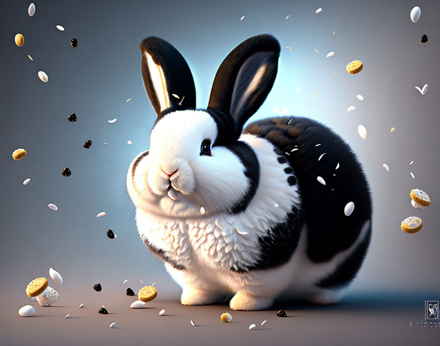 Chubby black and white rabbit with floating grains and popcorn kernels on soft blue background