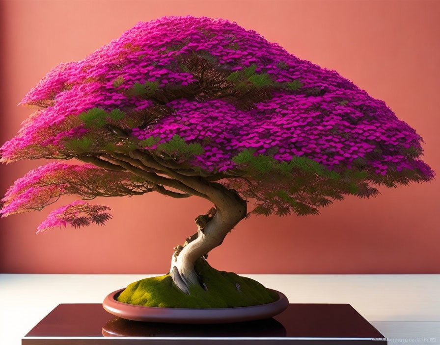 Pink bonsai tree with lush canopy and curved trunk on flat surface against pink background