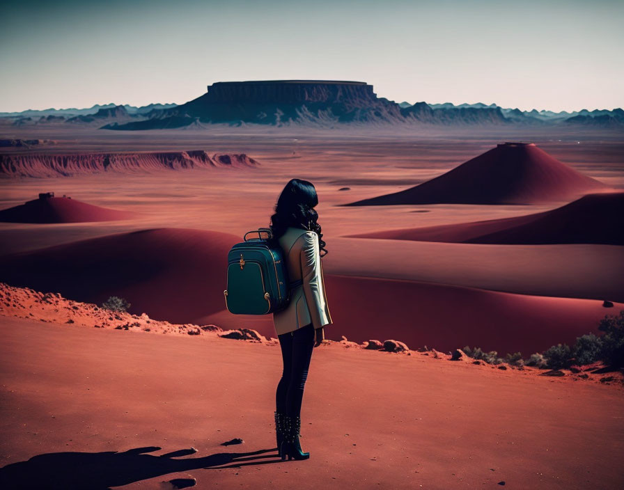 Woman standing in desert landscape with suitcase and mountain under dusky sky