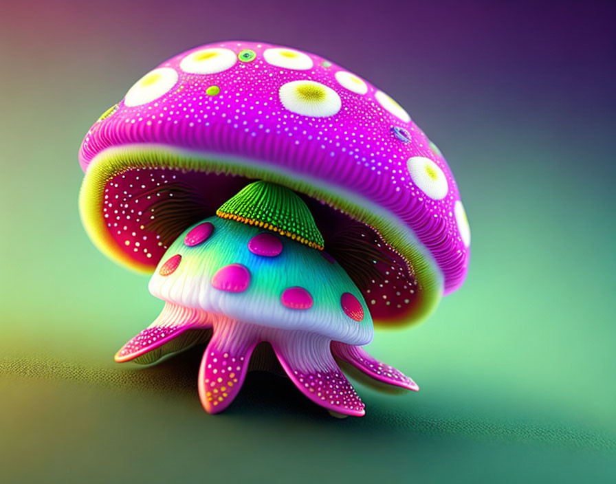 Colorful digital artwork of whimsical mushroom on textured stalk, against multi-colored background