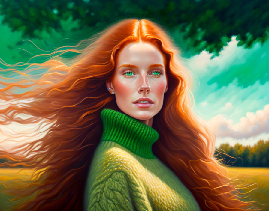 Portrait of woman with red hair and green eyes in green turtleneck against natural backdrop.