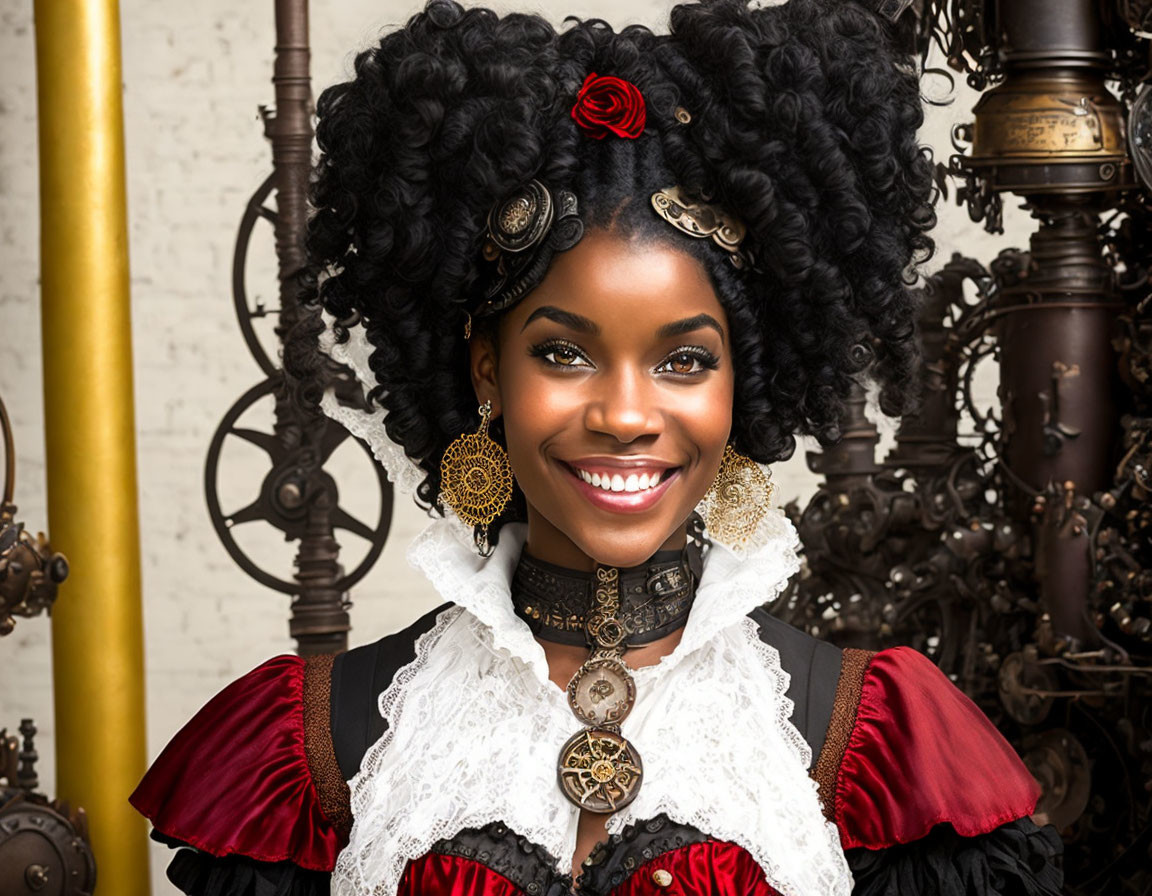 Smiling woman in steampunk outfit with Victorian collar & intricate accessories