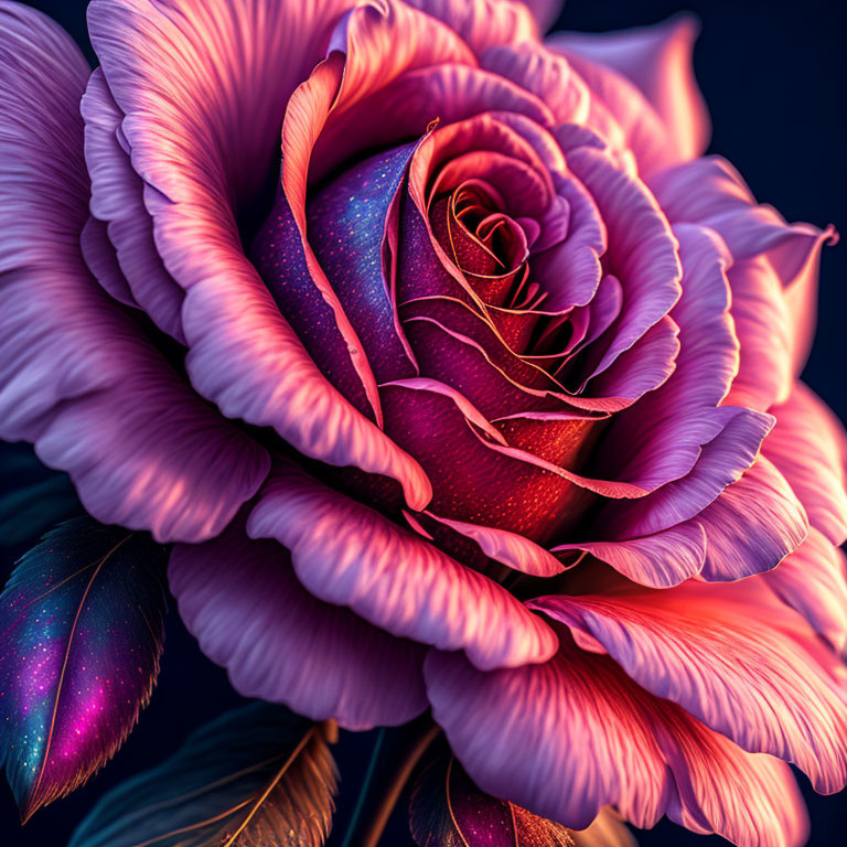 Vibrant digitally-enhanced rose with cosmic texture in pink and purple hues