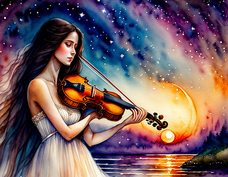 Woman playing violin by lakeside at sunset with cosmic sky