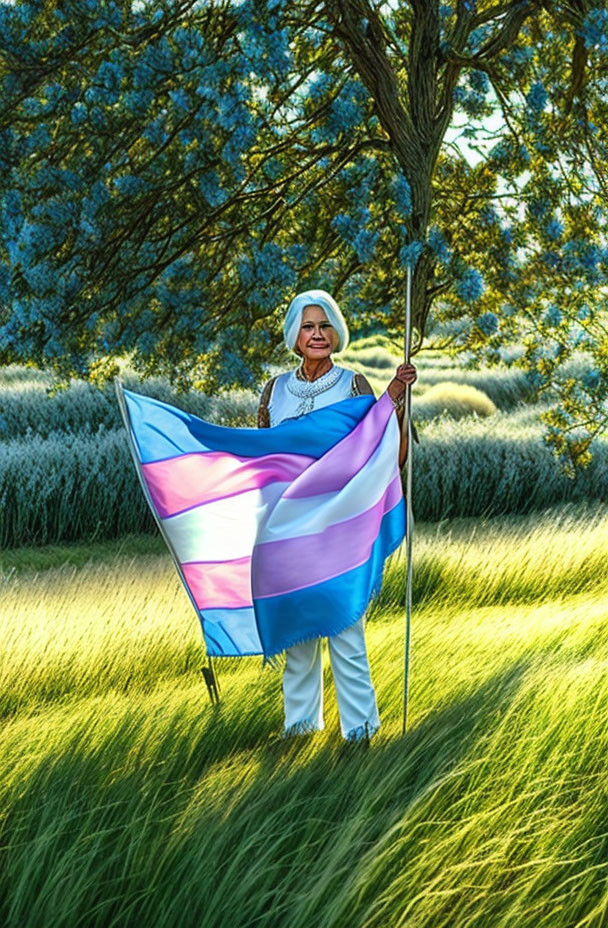 Elderly person with transgender pride flag in sunny field