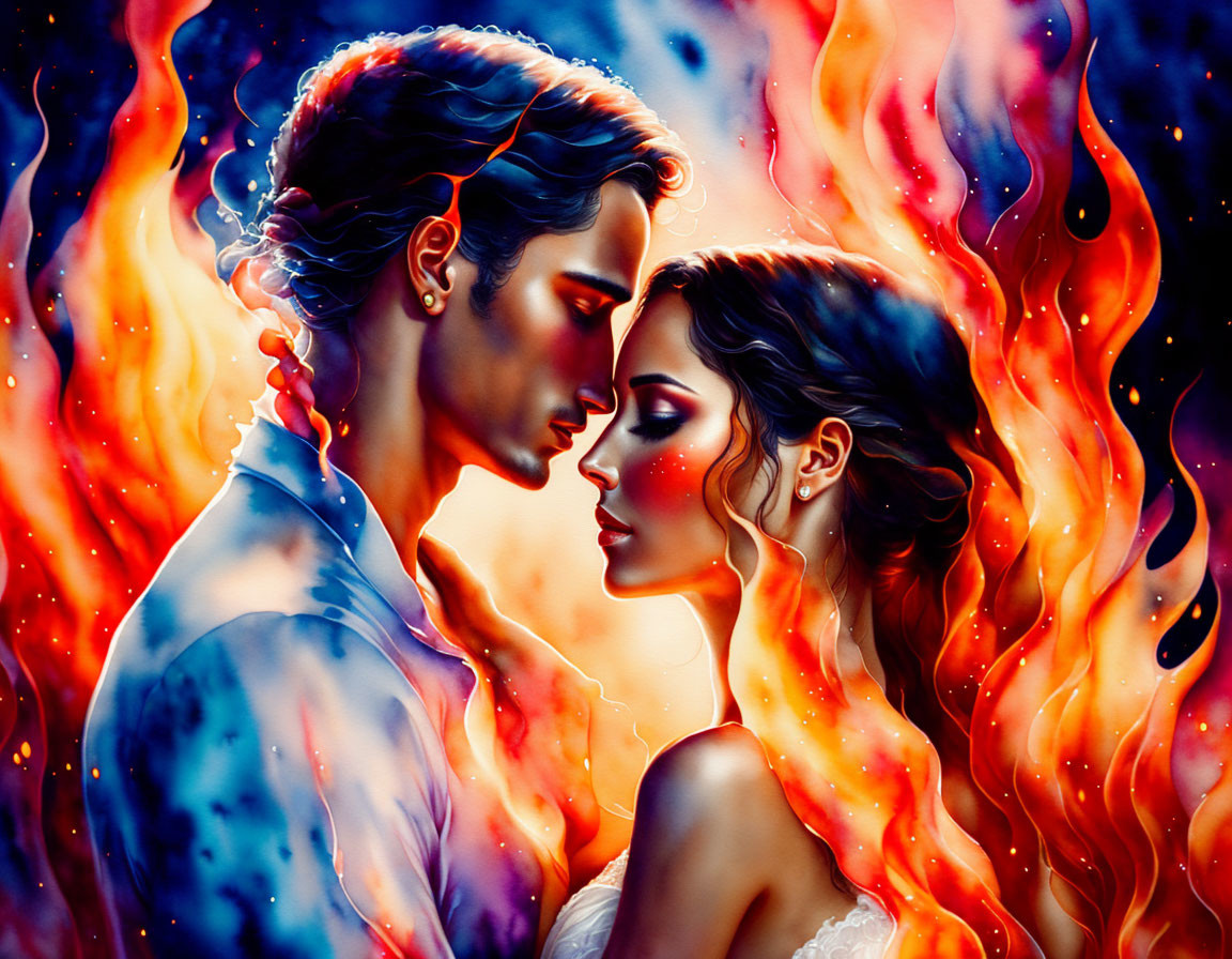 Romantic couple embraced in swirling flames of blue, orange, and red