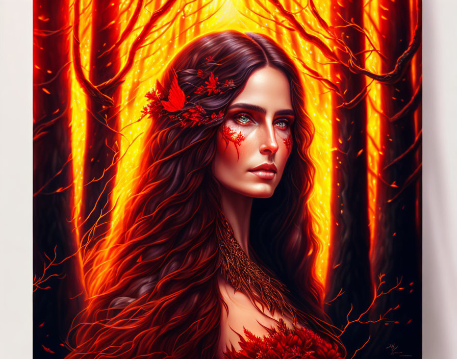 Surreal portrait of woman with long wavy hair and autumn leaves in fiery forest.