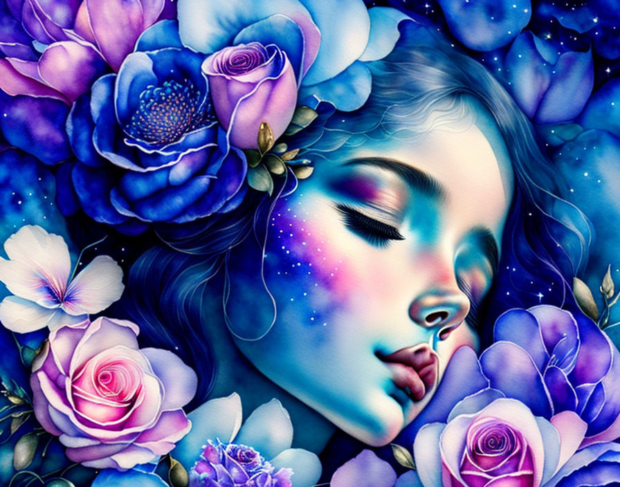 Digital artwork of woman's serene face with vibrant flowers and starry effect