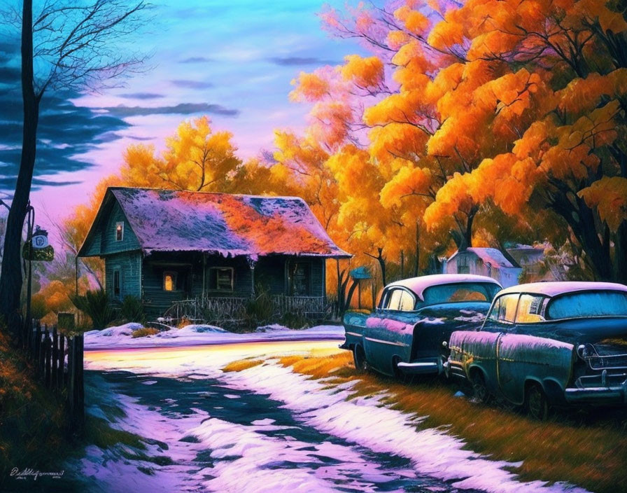 Autumn Scene: Orange Foliage, Rustic Cabin, Vintage Cars, Snow-Dusted Path