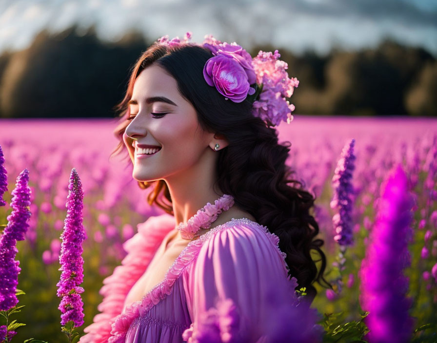 Woman in Purple Dress Smiling in Field of Pink and Purple Flowers