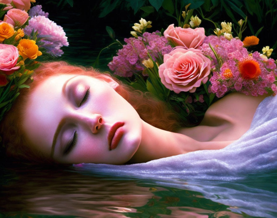 Woman resting in water surrounded by flowers