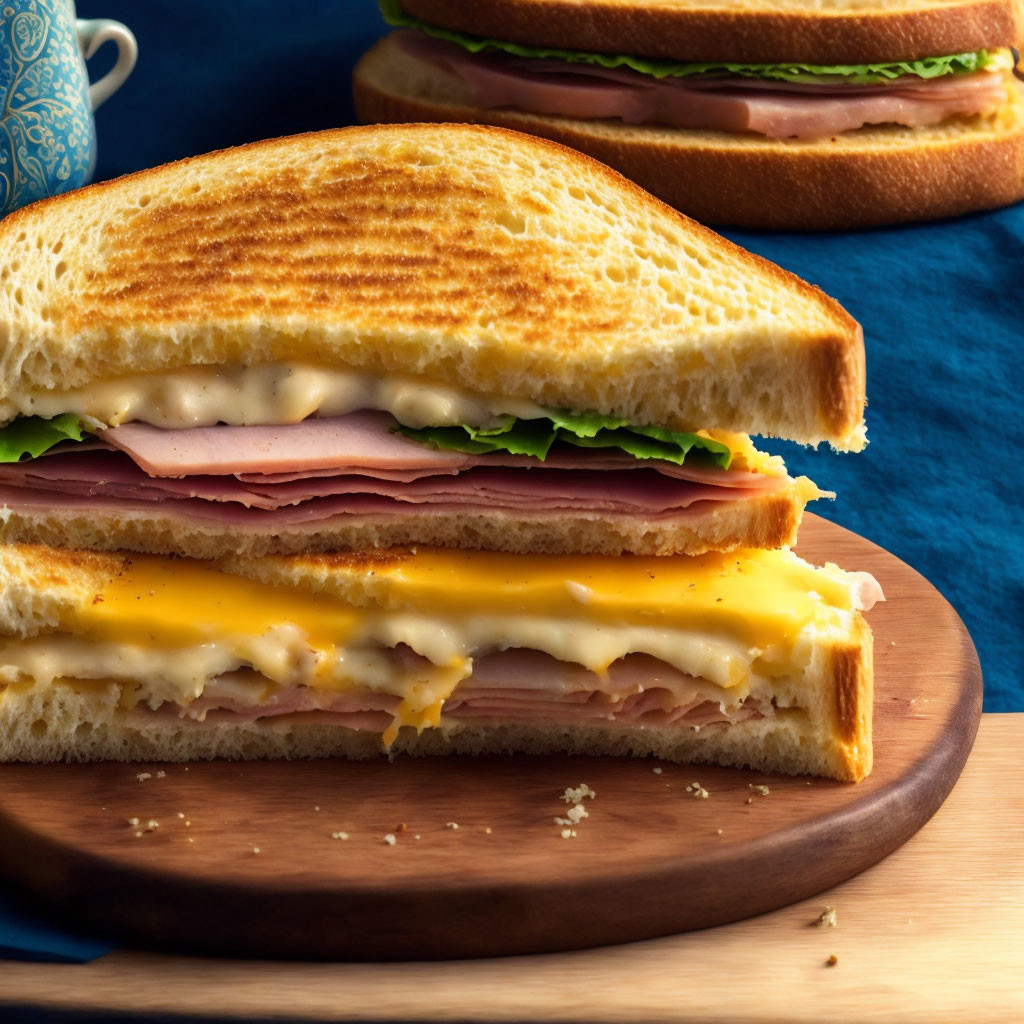 Toasted Ham, Cheese, and Lettuce Sandwiches on Wooden Board