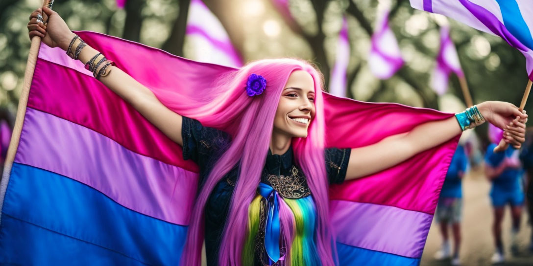 Pink-haired person with flower accessory holding bi-pride flag at outdoor event.