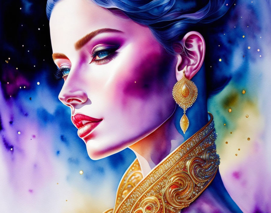 Violet-skinned woman with gold jewelry in cosmic setting