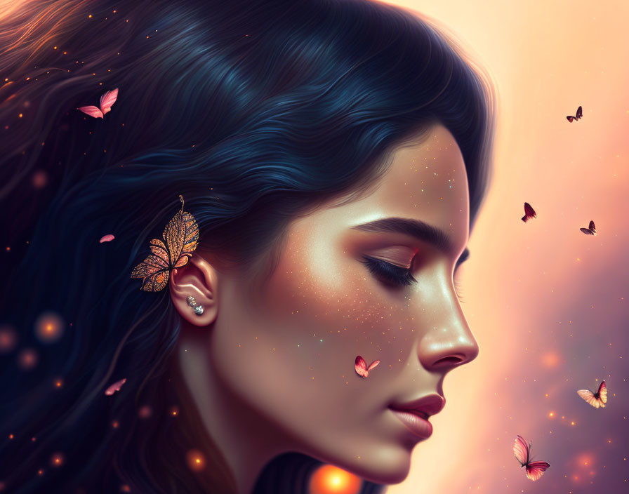 Digital artwork of a woman with dark hair and butterfly, surrounded by floating butterflies and warm glow