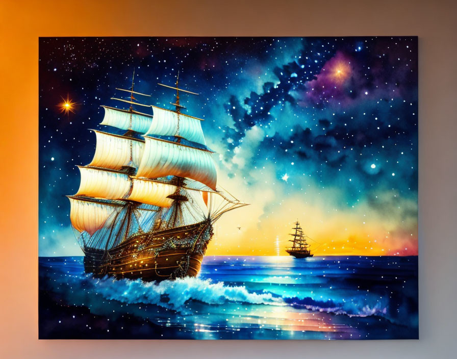 Vibrant painting: Two sailing ships on starry ocean under cosmic sky