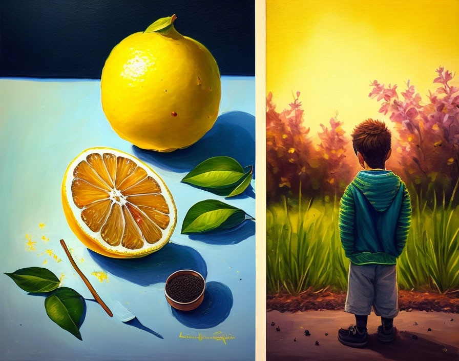 Realistic lemon painting next to child in flower field