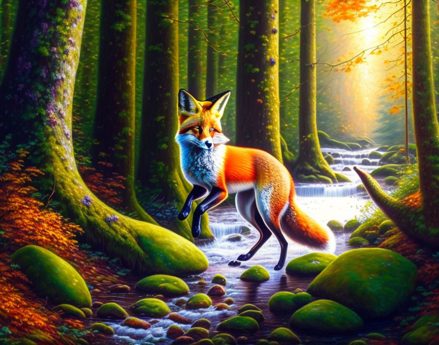 Red Fox in Sunlit Forest with Stream and Greenery