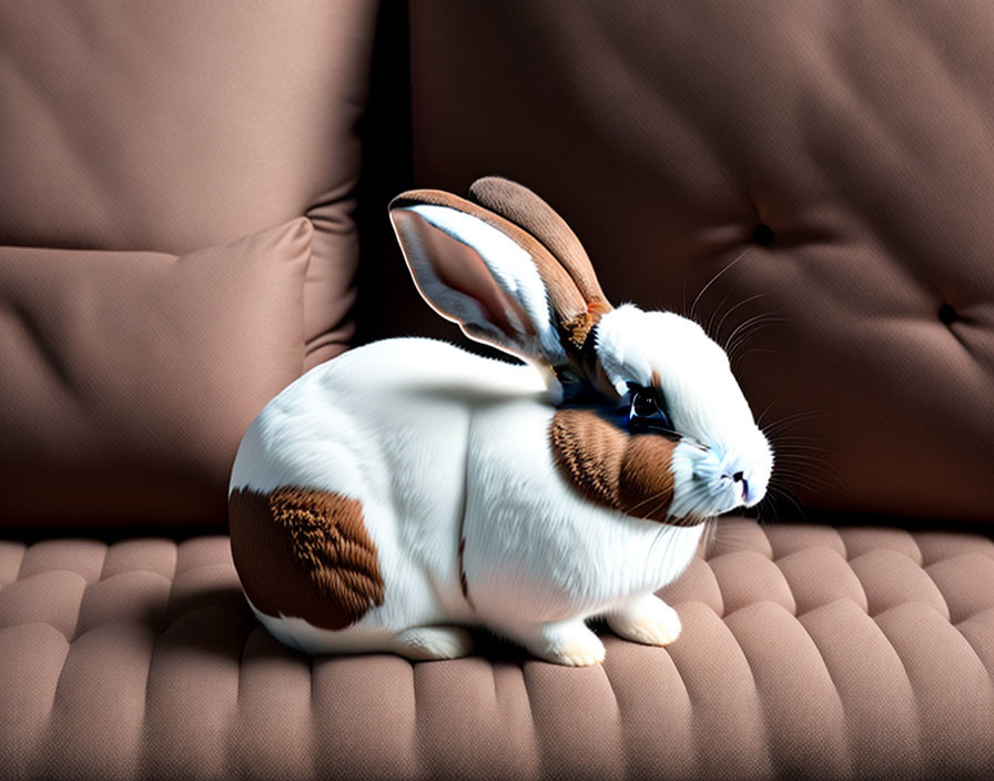 White Rabbit with Brown Patches Sitting on Brown Sofa