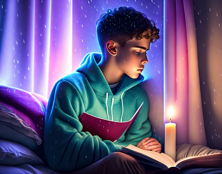 Young person reading book by candlelight in cozy setting