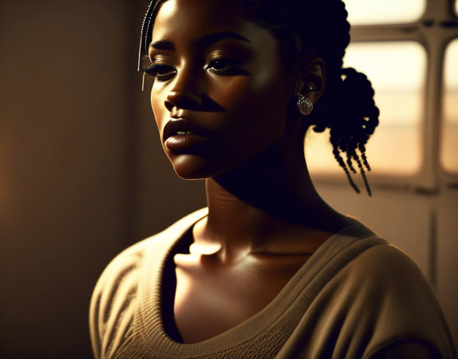 Portrait of woman with dark skin and braided hair in warm light