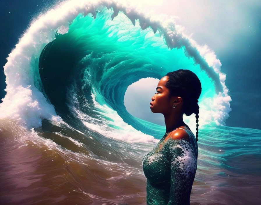 Woman with braid against surreal ocean wave background