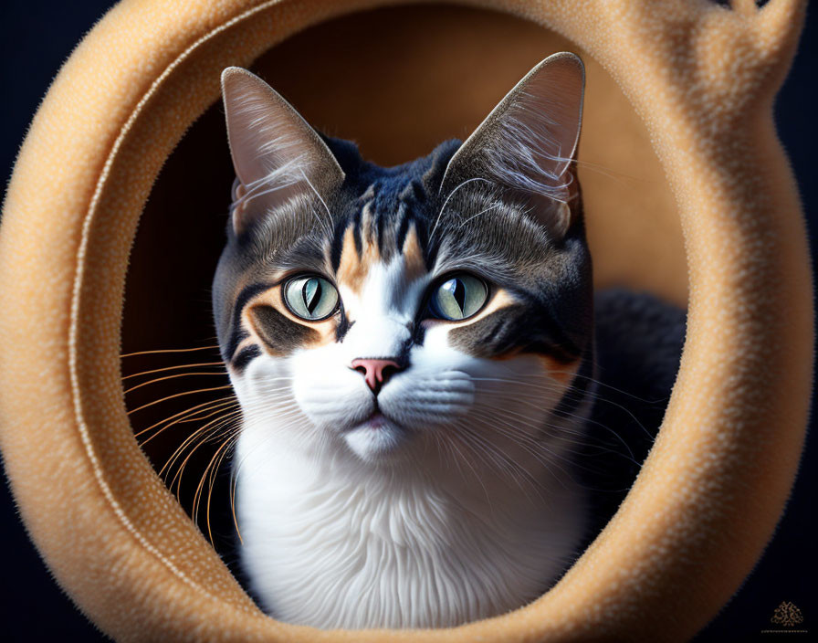 Tabby Cat with Green Eyes Peering Through Yellow Hole