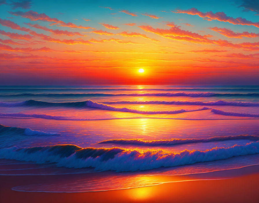 Vibrant beach sunset with fiery clouds reflecting on waves and sand