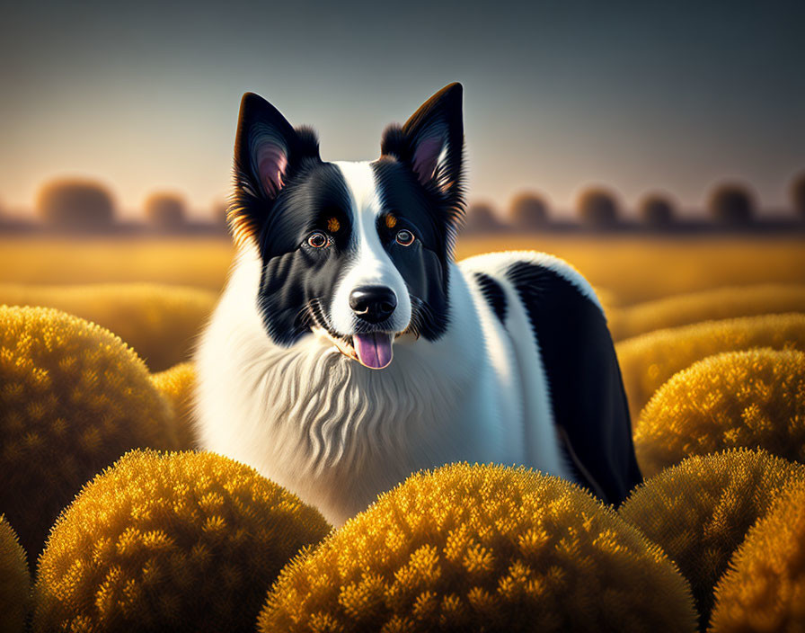 Alert Border Collie in black and white among golden plants under warm light