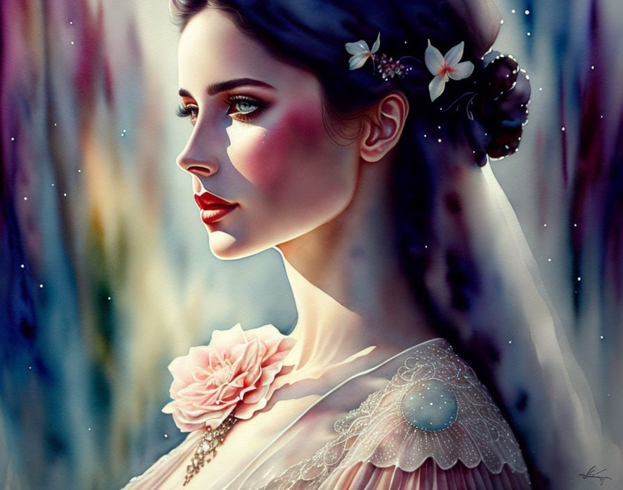 Digital painting of a woman with dark hair and floral adornments, showcasing elegance and thoughtfulness.