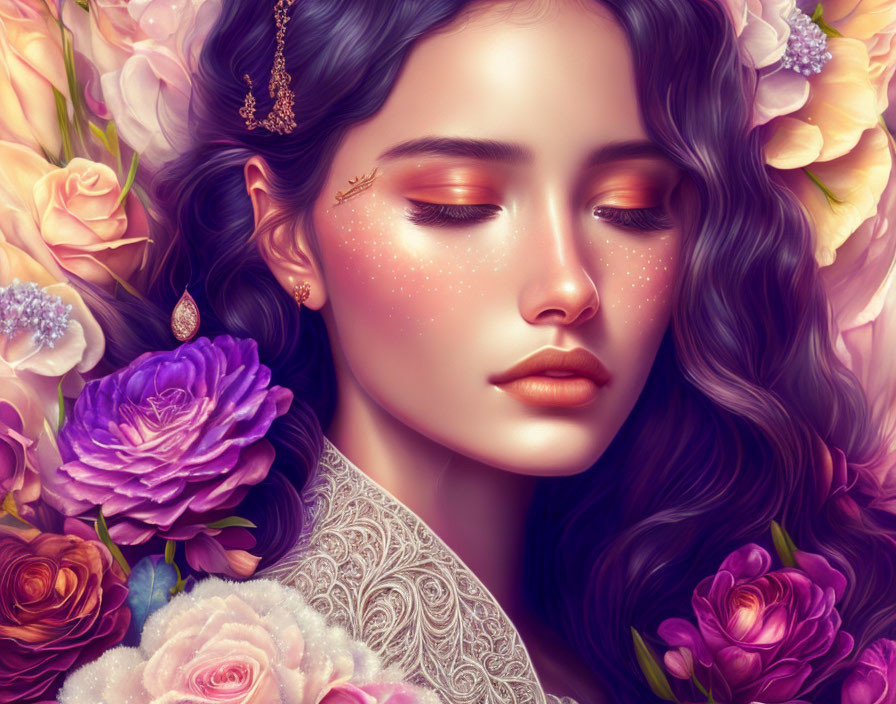 Woman with closed eyes surrounded by flowers and jewelry in vibrant digital art